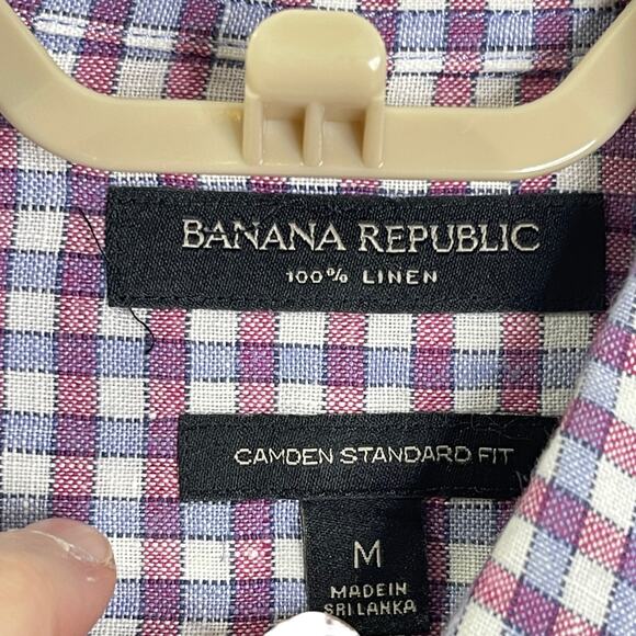 Banana Republic Mens 100% Linen Button Down Shirt Red Blue Plaid Medium - Picture 7 of 7